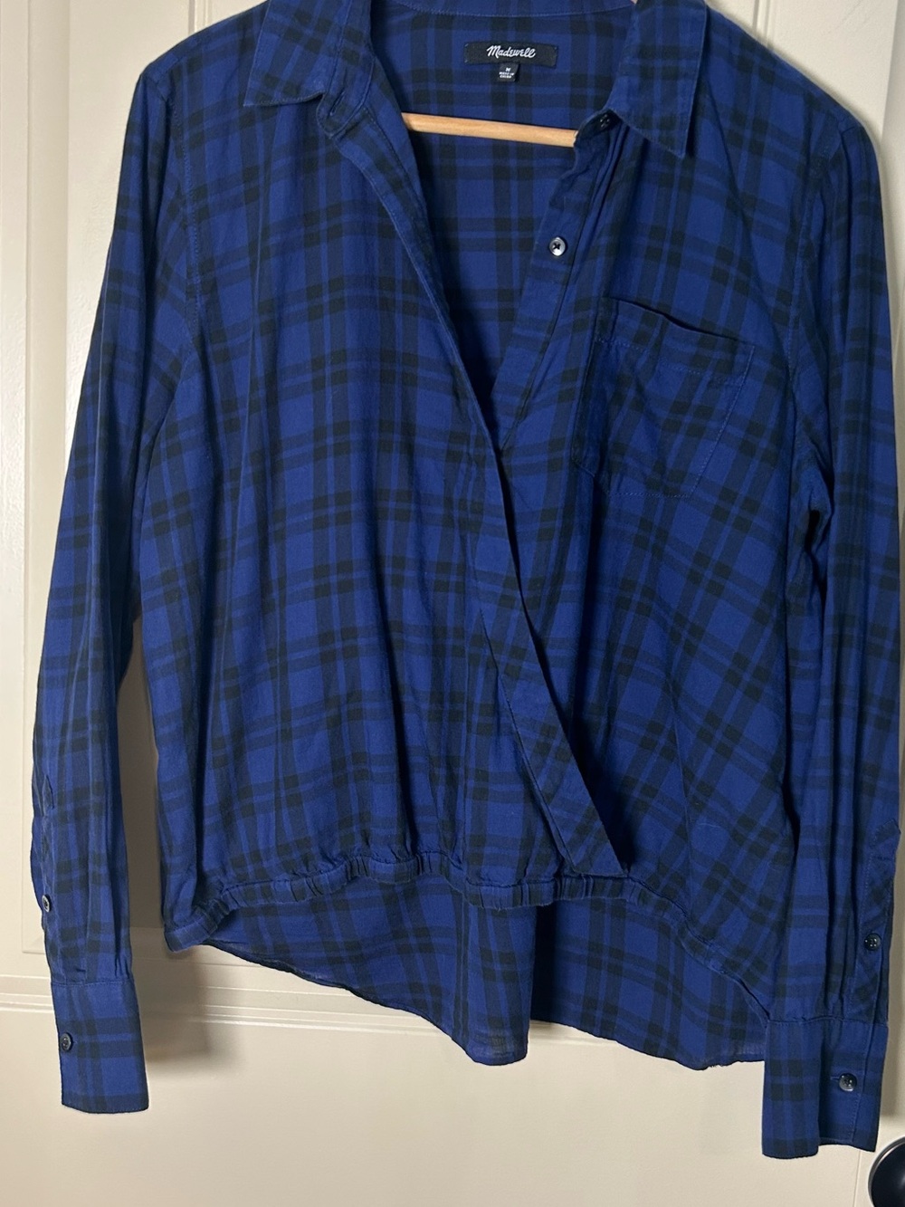 Madewell Women’s Blue Arion Plaid Wrap-Front Shirt Longsleeve Cotton‎ Preppy (M)